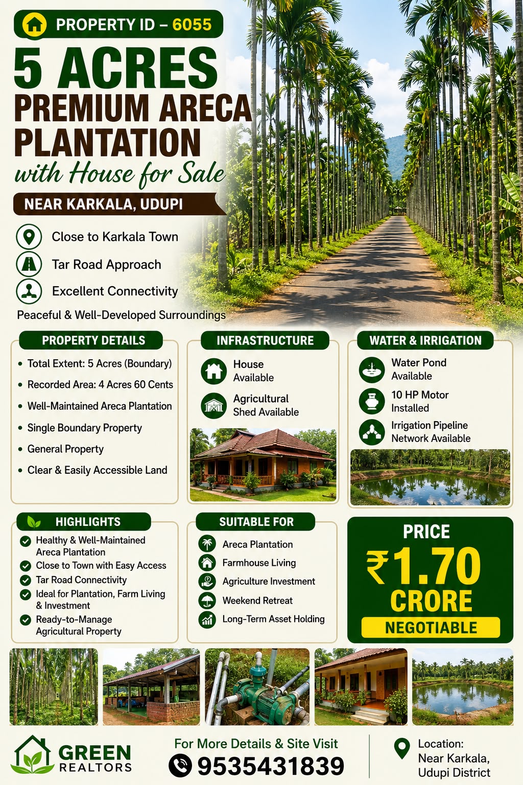 🆔 *PROPERTY ID – 6055* 🌴🏡 *5 Acres Premium Areca Plantation with House for Sale – Near Karkala, Udup